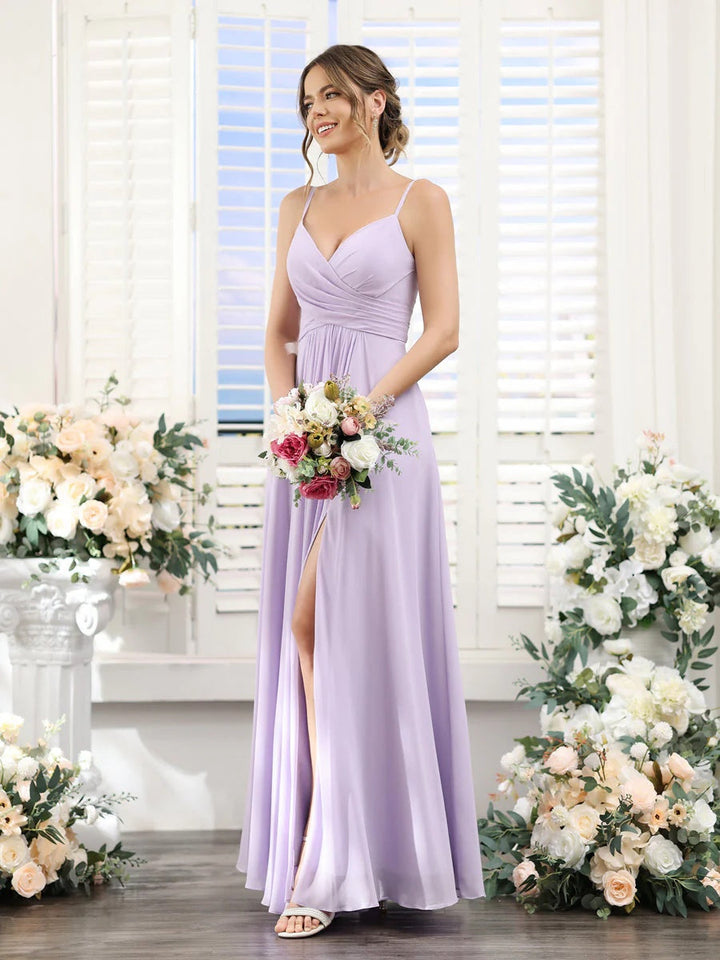 A-Line/Princess V-Neck Spaghetti Straps Sleeveless Floor-Length Chiffon Bridesmaid Dresses with Split Side