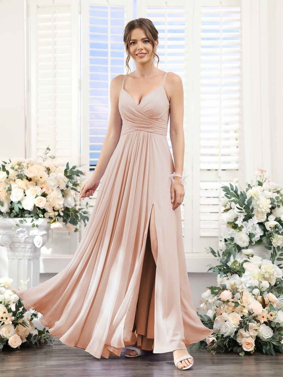 A-Line/Princess V-Neck Spaghetti Straps Sleeveless Floor-Length Chiffon Bridesmaid Dresses with Split Side