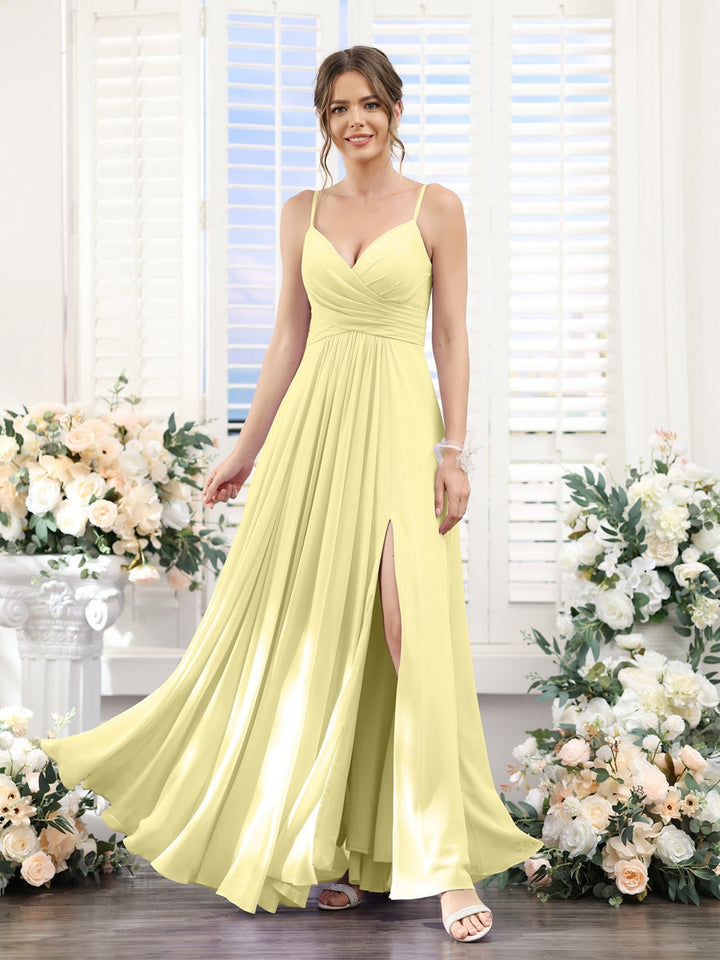 A-Line/Princess V-Neck Spaghetti Straps Sleeveless Floor-Length Chiffon Bridesmaid Dresses with Split Side