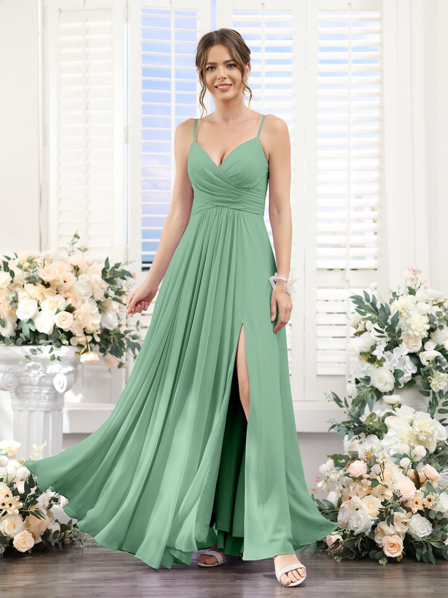 A-Line/Princess V-Neck Spaghetti Straps Sleeveless Floor-Length Chiffo - Mondressy A-Line/Princess V-Neck Spaghetti Straps Sleeveless Floor-Length Chiffo - Mondressy
