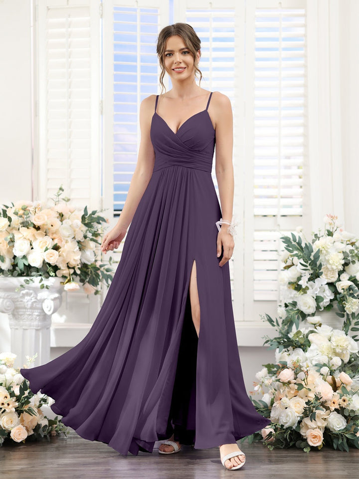 A-Line/Princess V-Neck Spaghetti Straps Sleeveless Floor-Length Chiffon Bridesmaid Dresses with Split Side