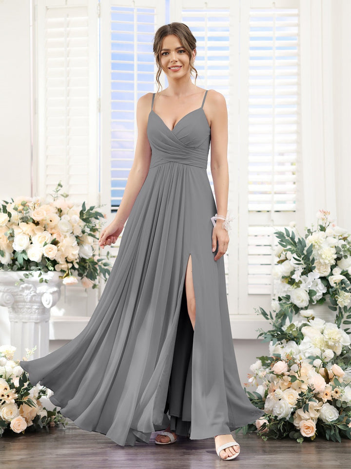 A-Line/Princess V-Neck Spaghetti Straps Sleeveless Floor-Length Chiffon Bridesmaid Dresses with Split Side