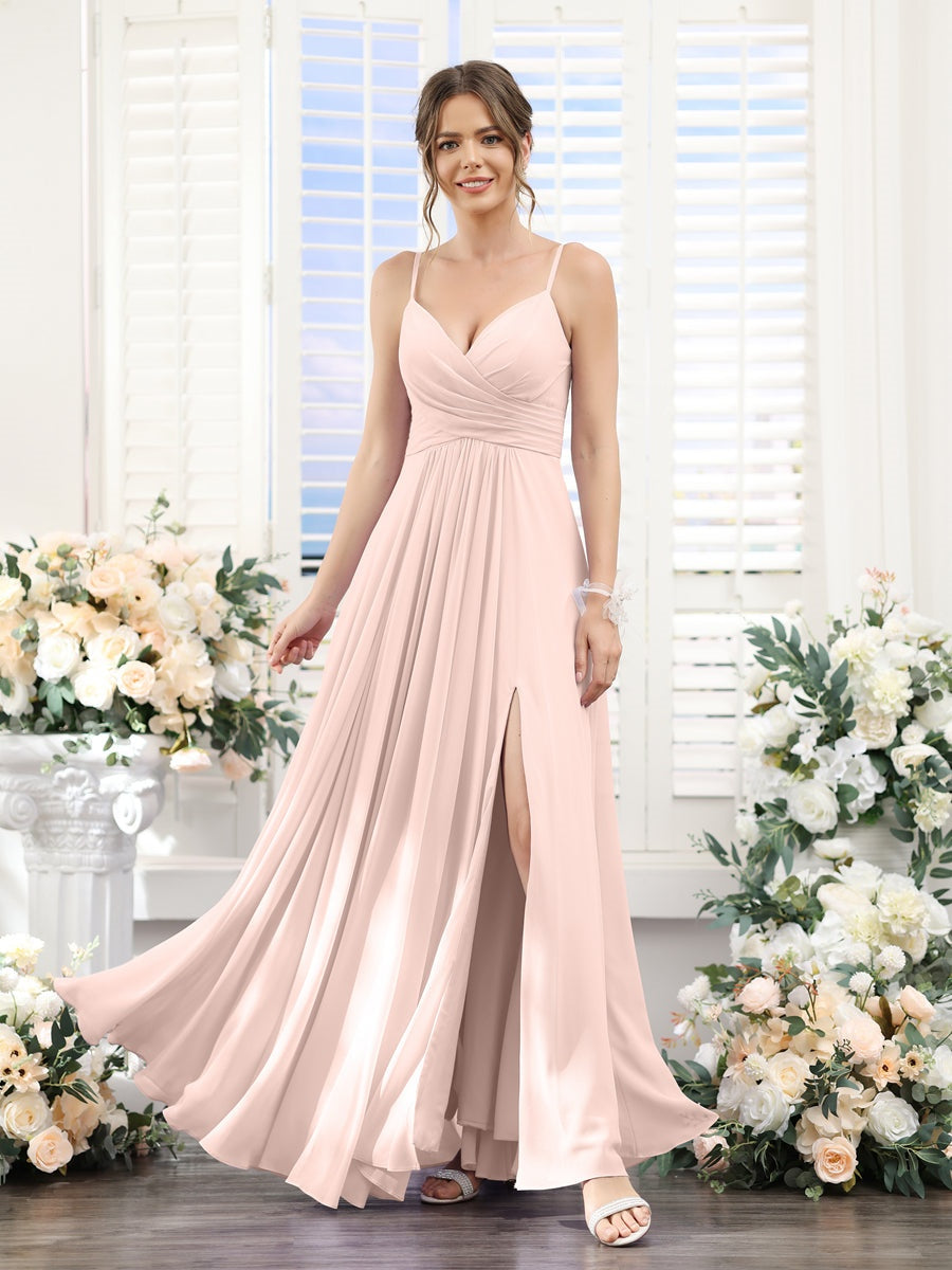 A-Line/Princess V-Neck Spaghetti Straps Sleeveless Floor-Length Chiffon Bridesmaid Dresses with Split Side