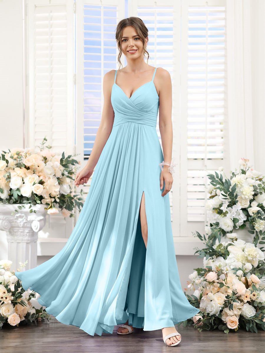 A-Line/Princess V-Neck Spaghetti Straps Sleeveless Floor-Length Chiffon Bridesmaid Dresses with Split Side