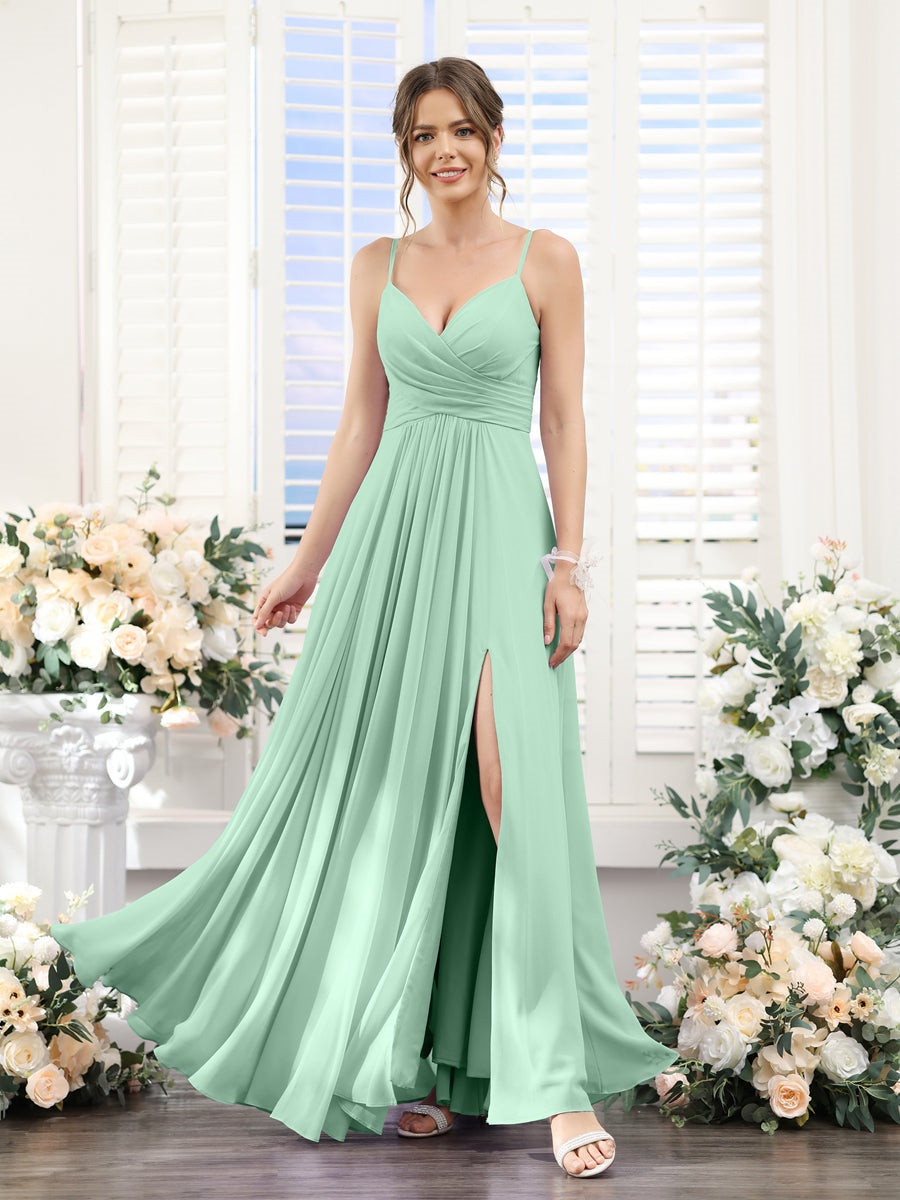 A-Line/Princess V-Neck Spaghetti Straps Sleeveless Floor-Length Chiffon Bridesmaid Dresses with Split Side