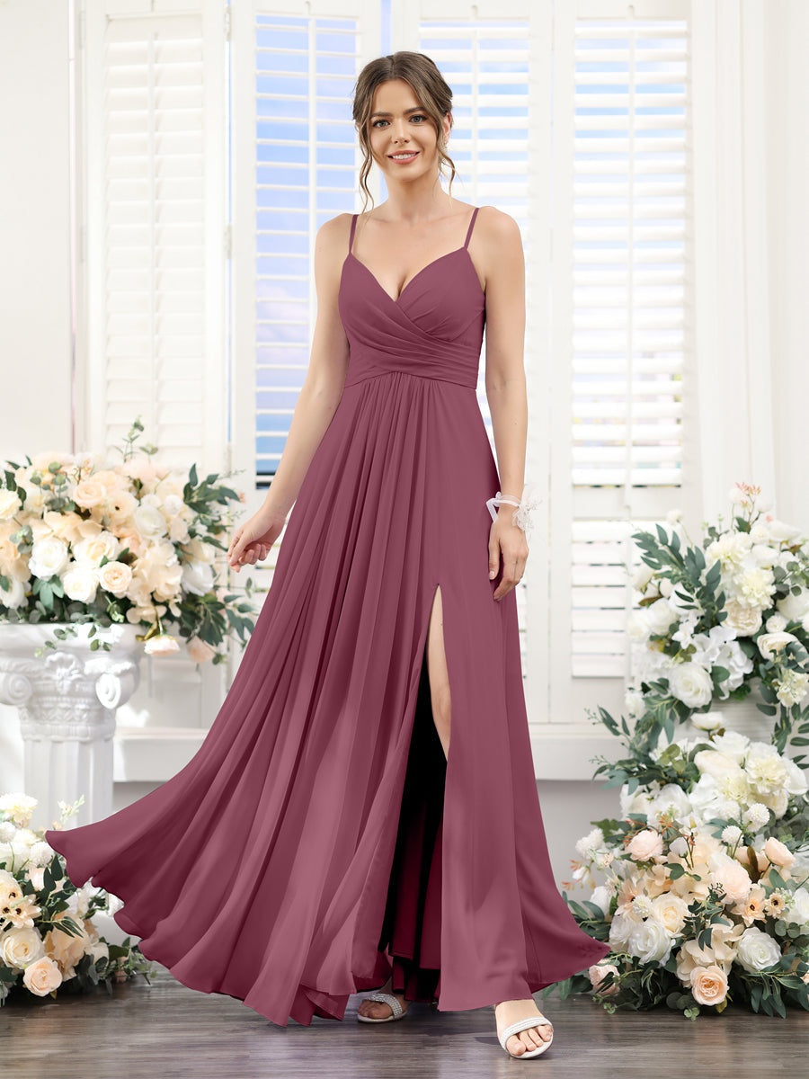 A-Line/Princess V-Neck Spaghetti Straps Sleeveless Floor-Length Chiffon Bridesmaid Dresses with Split Side