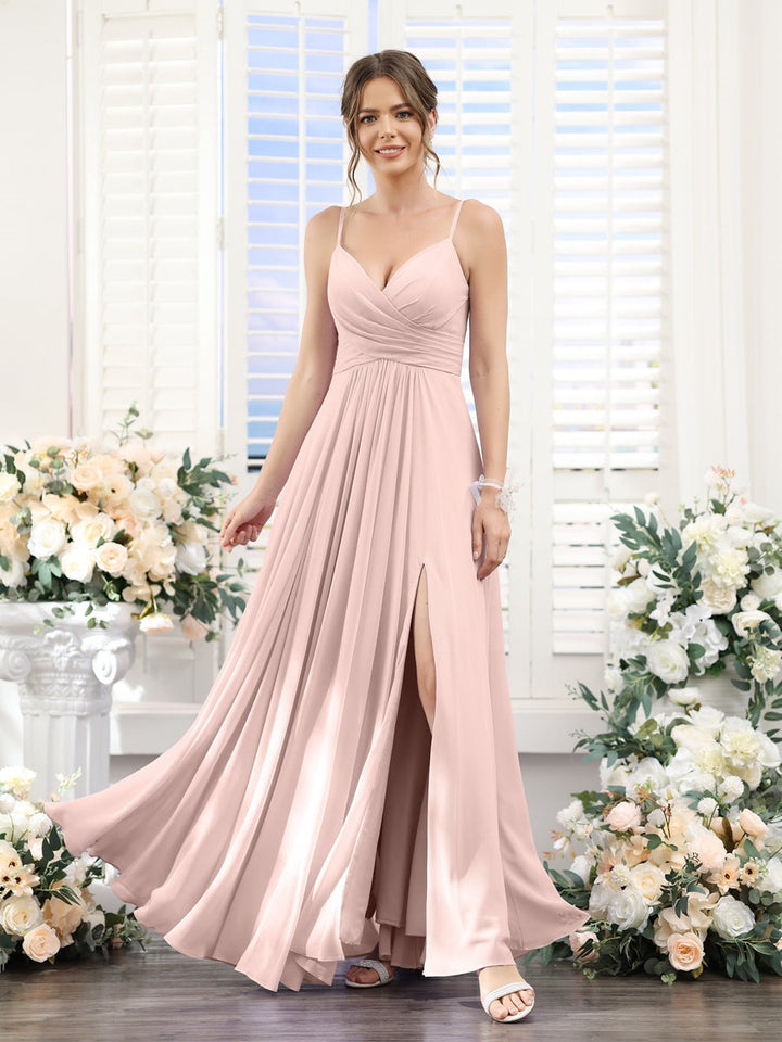 A-Line/Princess V-Neck Spaghetti Straps Sleeveless Floor-Length Chiffon Bridesmaid Dresses with Split Side