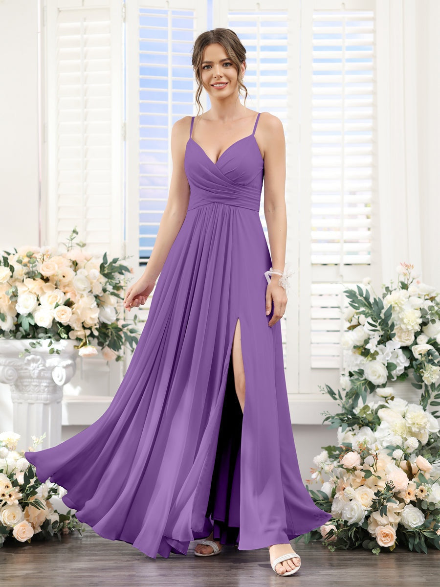 A-Line/Princess V-Neck Spaghetti Straps Sleeveless Floor-Length Chiffon Bridesmaid Dresses with Split Side