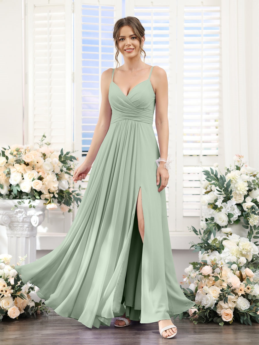 A-Line/Princess V-Neck Spaghetti Straps Sleeveless Floor-Length Chiffon Bridesmaid Dresses with Split Side