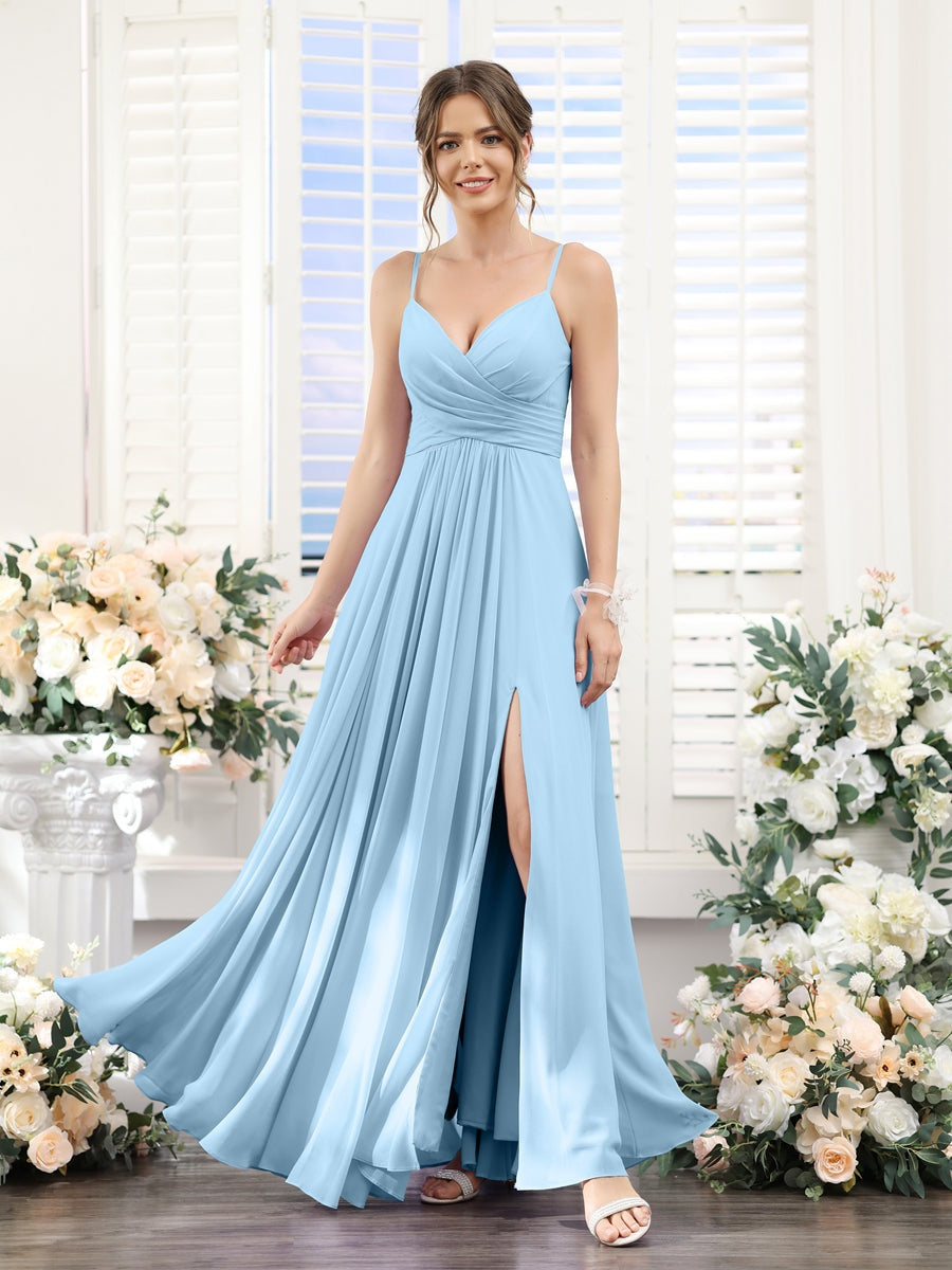 Lilac Bridesmaid Dresses 2026 Elegant Chiffon A-Line V-Neck Spaghetti Straps Sleeveless Long Formal Evening Gowns with Split Side, Lilac Lilac Bridesmaid Dresses 2026 Elegant Chiffon A-Line V-Neck Spaghetti Straps Sleeveless Long Formal Evening Gowns with Split Side, Lilac