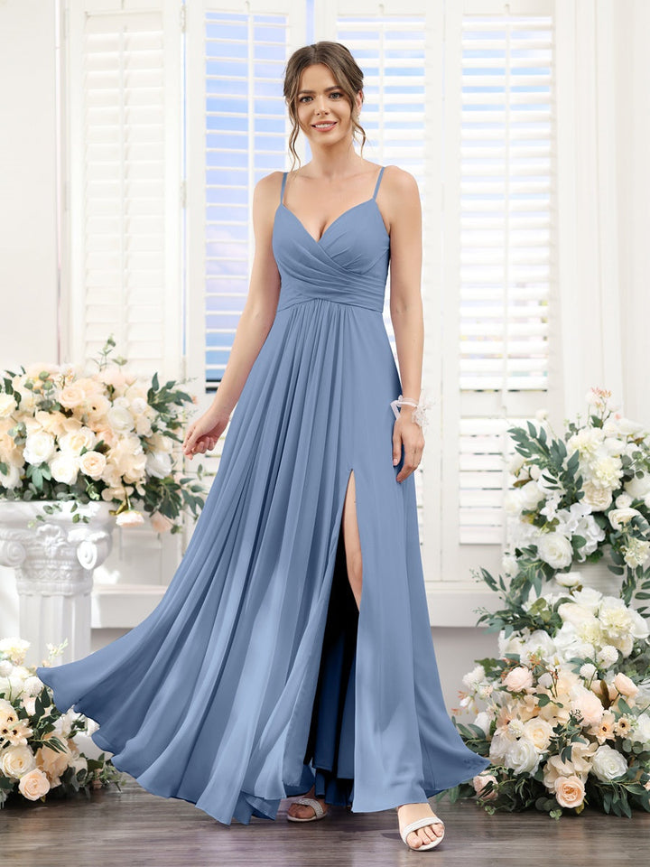 A-Line/Princess V-Neck Spaghetti Straps Sleeveless Floor-Length Chiffon Bridesmaid Dresses with Split Side