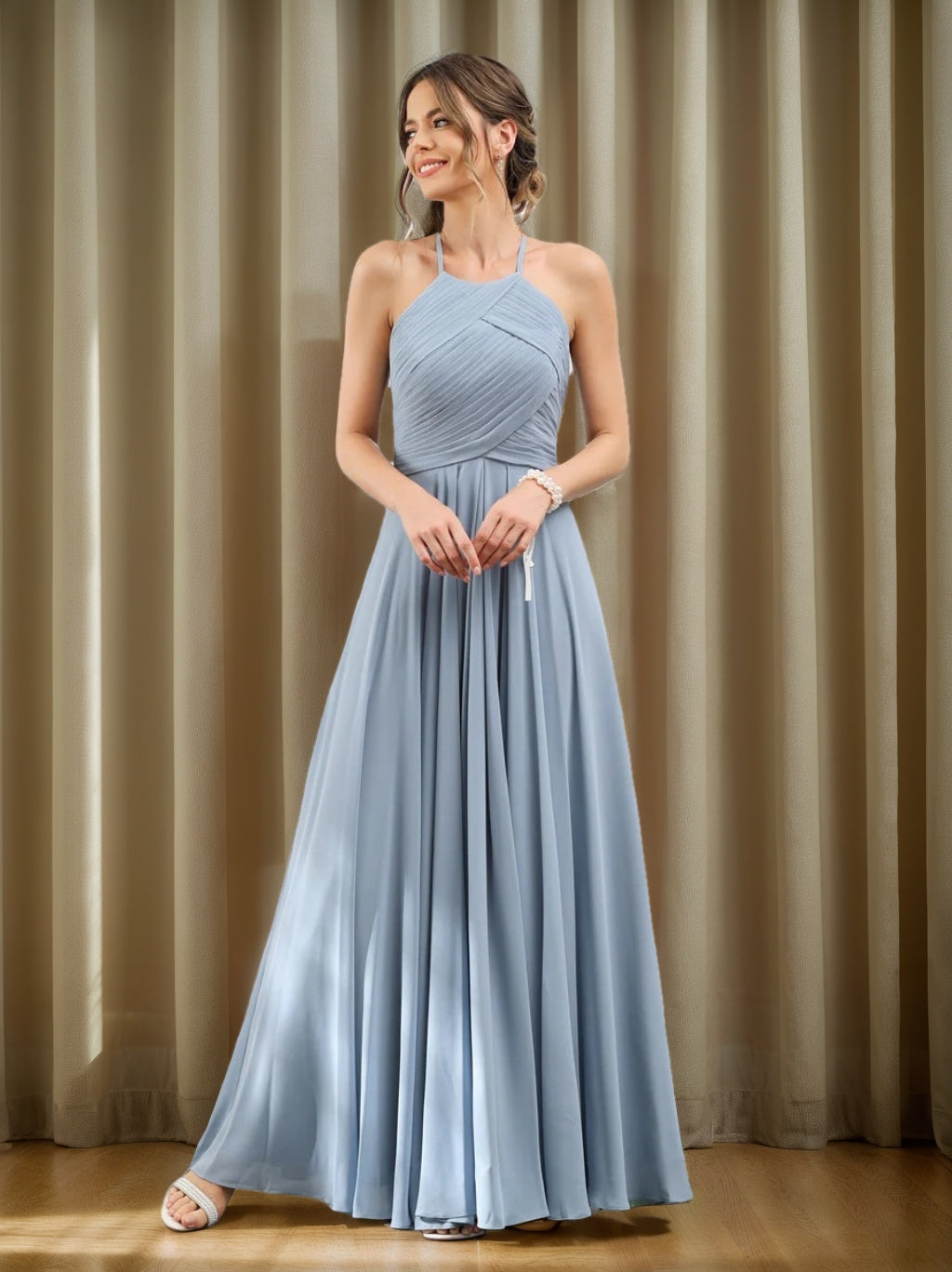 Dusty Blue Bridesmaid Dresses 2026 Halter Chiffon A-Line Sleeveless Long Formal Wedding Guest Evening Gowns with Ruched, Dusty Blue Dusty Blue Bridesmaid Dresses 2026 Halter Chiffon A-Line Sleeveless Long Formal Wedding Guest Evening Gowns with Ruched, Dusty Blue