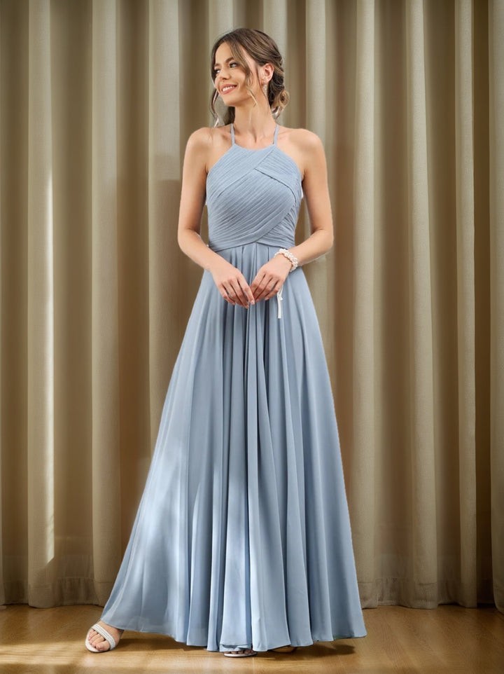 A-Line/Princess Halter Sleeveless Floor-Length Chiffon Bridesmaid Dresses with Ruched