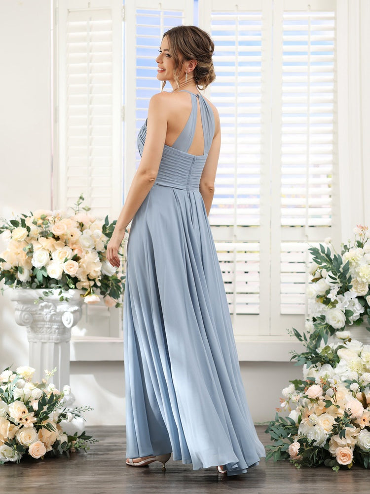 A-Line/Princess Halter Sleeveless Floor-Length Chiffon Bridesmaid Dresses with Ruched