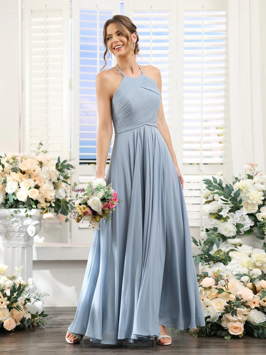 A-Line/Princess Halter Sleeveless Floor-Length Chiffon Bridesmaid Dresses with Ruched