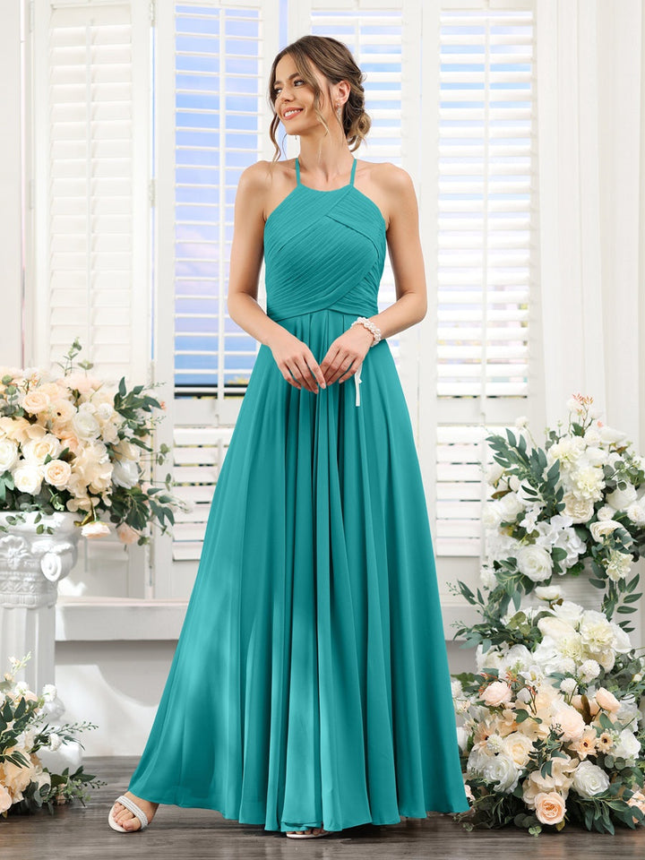 A-Line/Princess Halter Sleeveless Floor-Length Chiffon Bridesmaid Dresses with Ruched