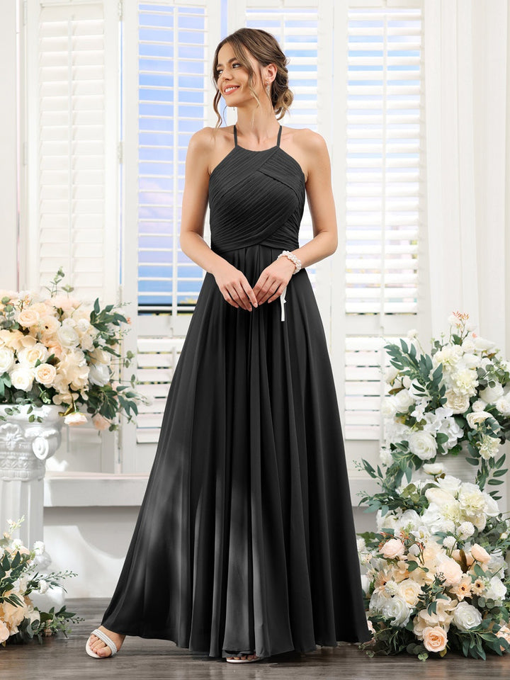 A-Line/Princess Halter Sleeveless Floor-Length Chiffon Bridesmaid Dresses with Ruched