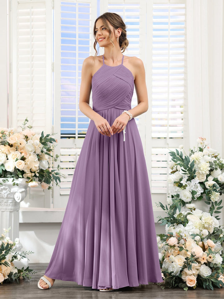 A-Line/Princess Halter Sleeveless Floor-Length Chiffon Bridesmaid Dresses with Ruched