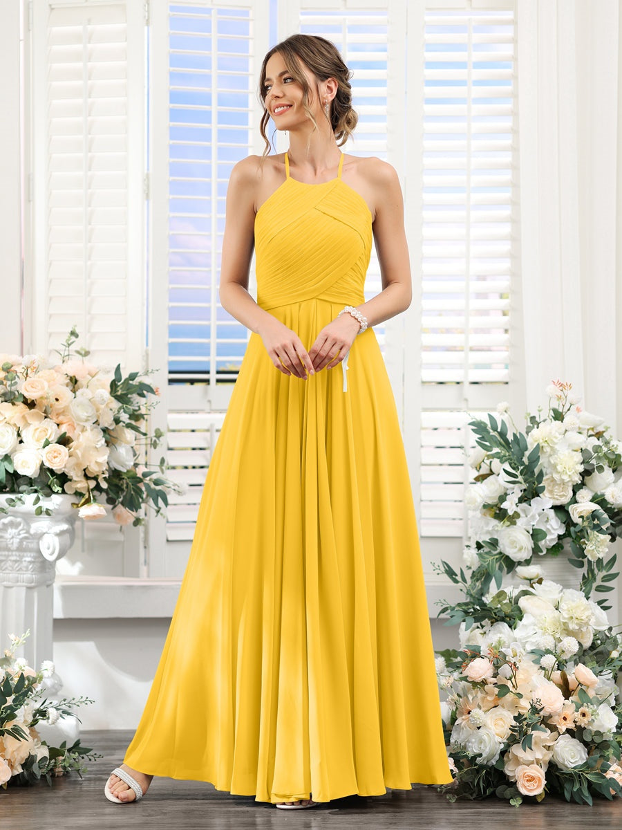 A-Line/Princess Halter Sleeveless Floor-Length Chiffon Bridesmaid Dresses with Ruched