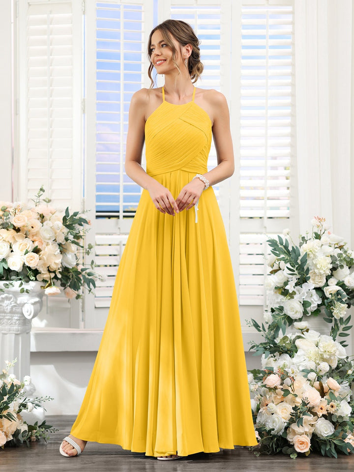 A-Line/Princess Halter Sleeveless Floor-Length Chiffon Bridesmaid Dresses with Ruched