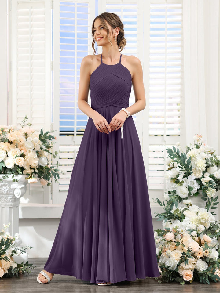 A-Line/Princess Halter Sleeveless Floor-Length Chiffon Bridesmaid Dresses with Ruched