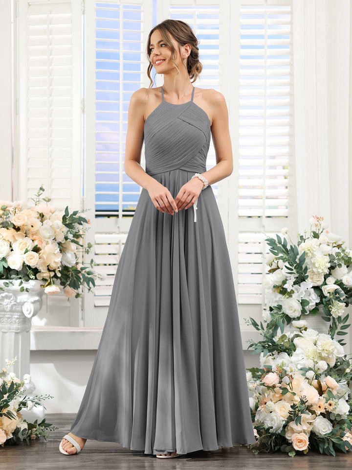 A-Line/Princess Halter Sleeveless Floor-Length Chiffon Bridesmaid Dresses with Ruched