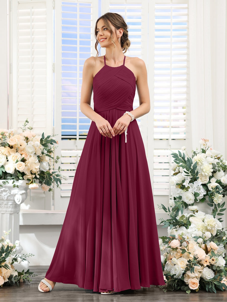 A-Line/Princess Halter Sleeveless Floor-Length Chiffon Bridesmaid Dresses with Ruched