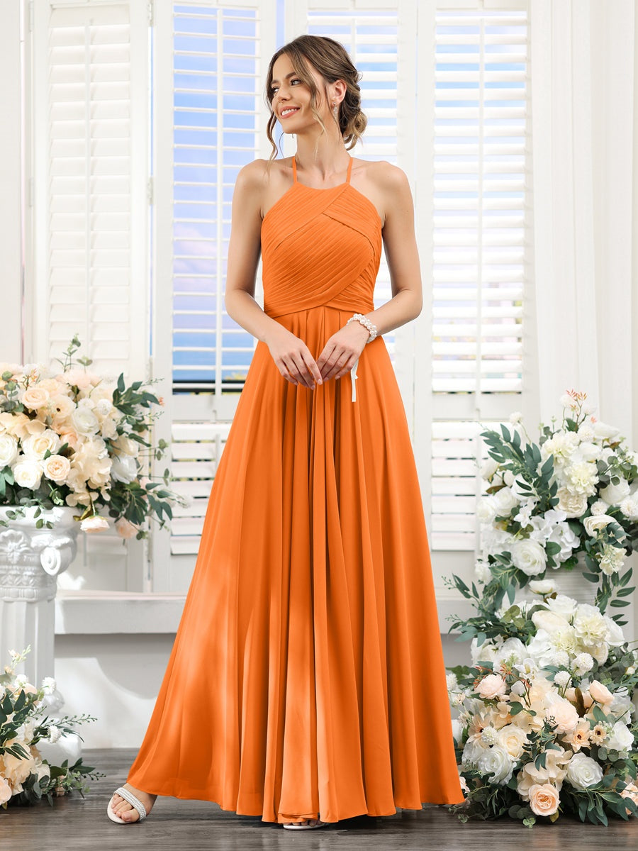 A-Line/Princess Halter Sleeveless Floor-Length Chiffon Bridesmaid Dresses with Ruched