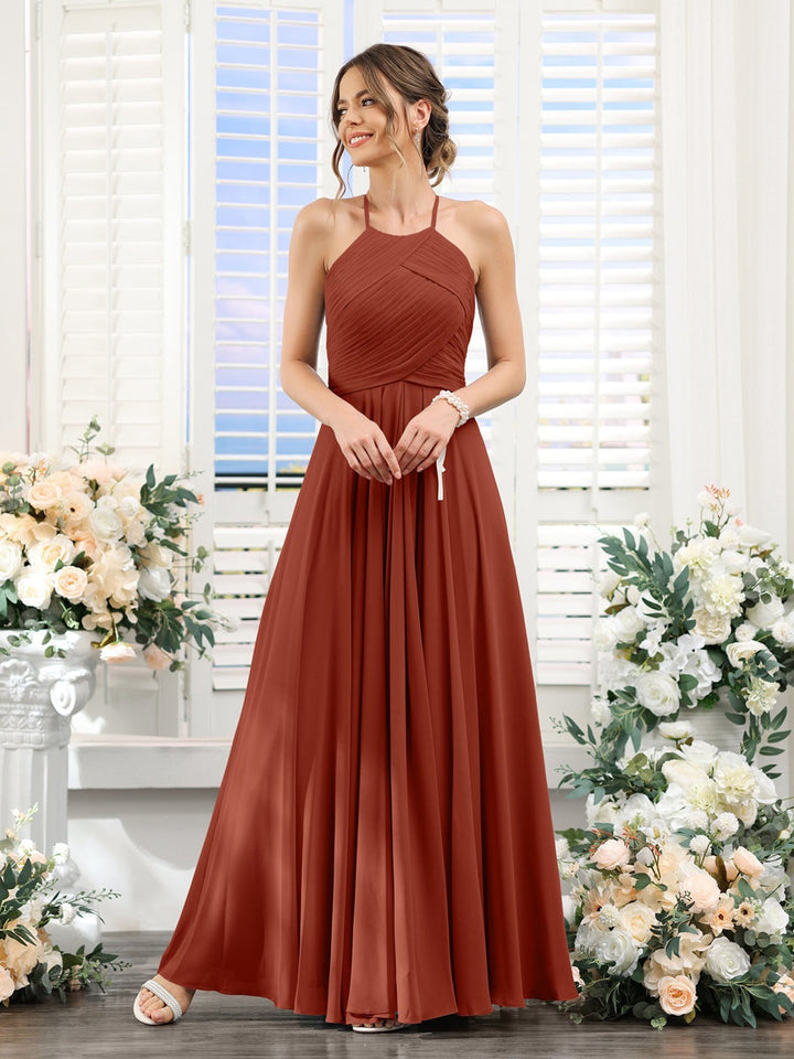 A-Line/Princess Halter Sleeveless Floor-Length Chiffon Bridesmaid Dresses with Ruched