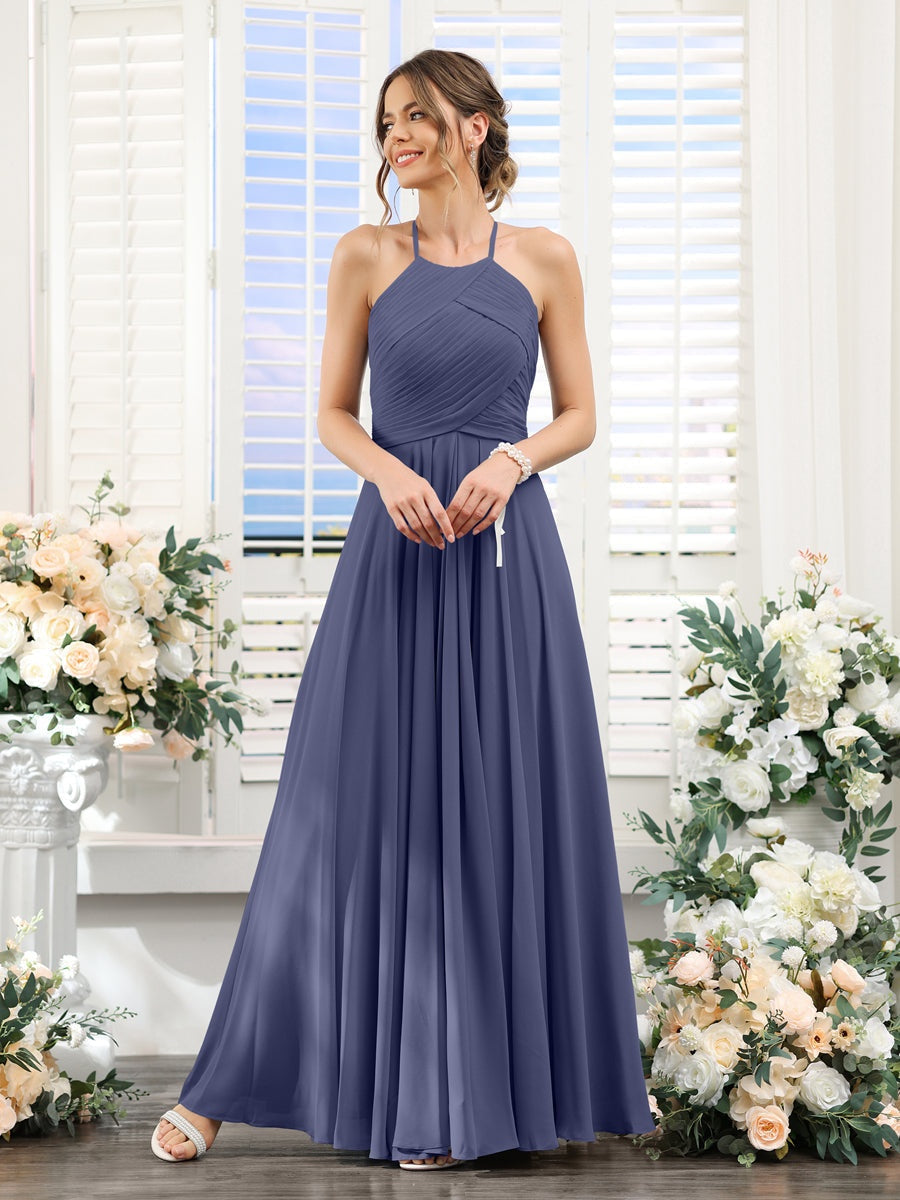 Dusty Blue Bridesmaid Dresses 2026 Halter Chiffon A-Line Sleeveless Long Formal Wedding Guest Evening Gowns with Ruched, Dusty Blue Dusty Blue Bridesmaid Dresses 2026 Halter Chiffon A-Line Sleeveless Long Formal Wedding Guest Evening Gowns with Ruched, Dusty Blue