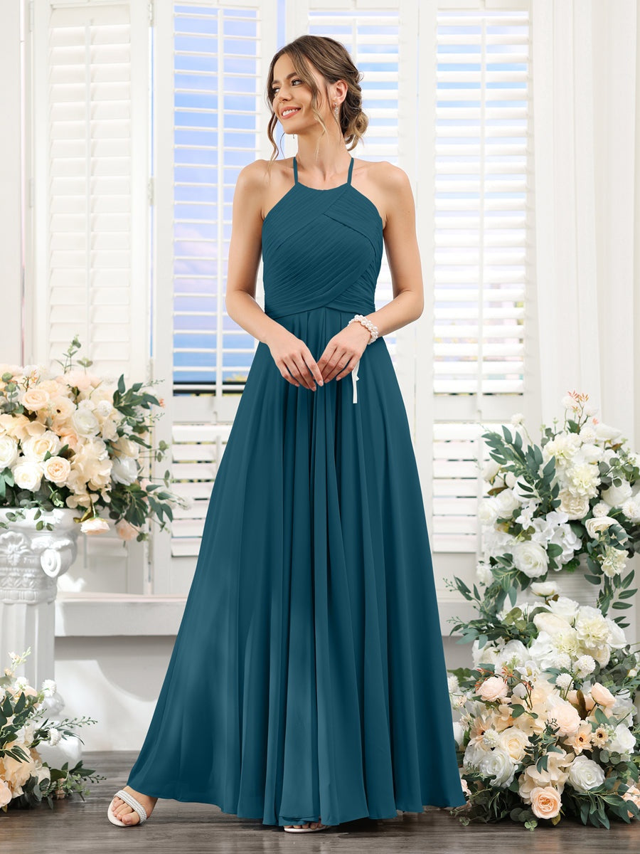 A-Line/Princess Halter Sleeveless Floor-Length Chiffon Bridesmaid Dresses with Ruched