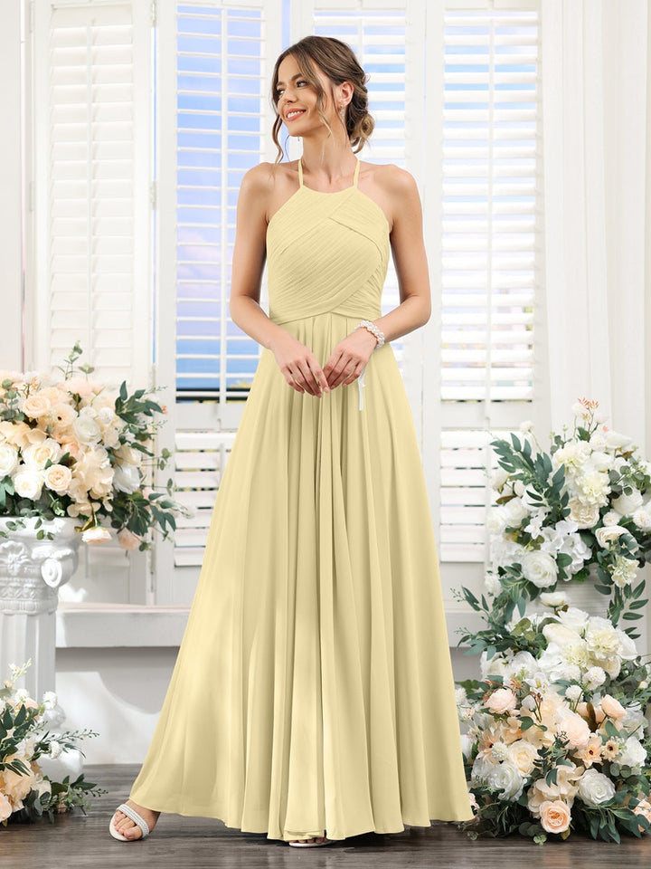 A-Line/Princess Halter Sleeveless Floor-Length Chiffon Bridesmaid Dresses with Ruched