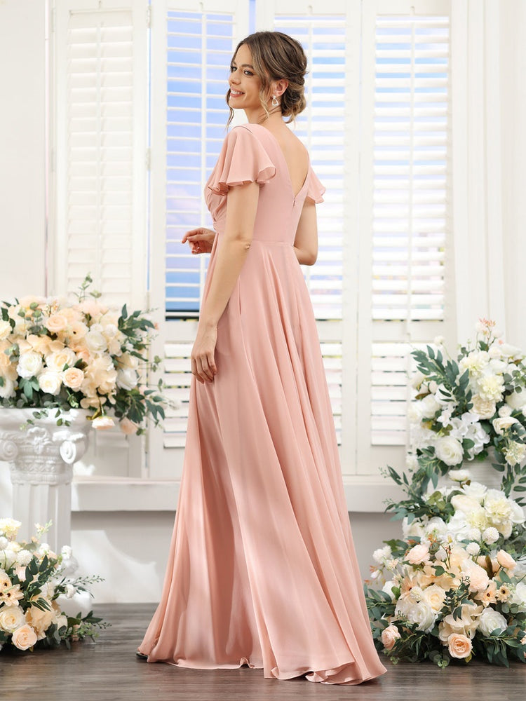 A-Line/Princess V-Neck Short Sleeves Floor-Length Bridesmaid Dresses with Split Side