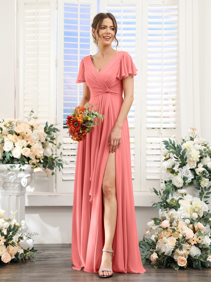 A-Line/Princess V-Neck Short Sleeves Floor-Length Bridesmaid Dresses with Split Side