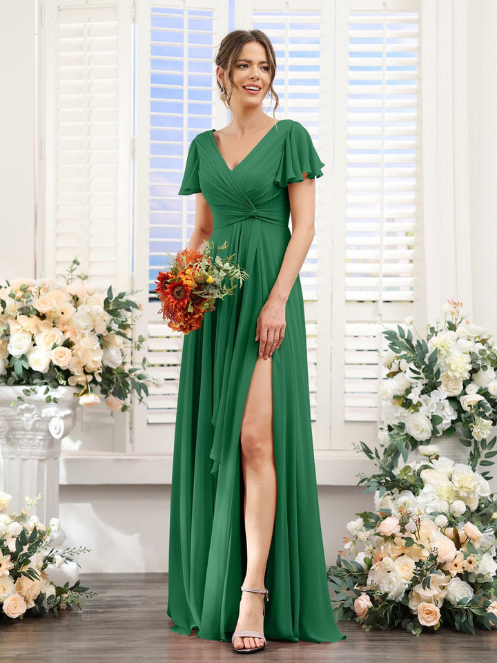 A-Line/Princess V-Neck Short Sleeves Floor-Length Bridesmaid Dresses with Split Side