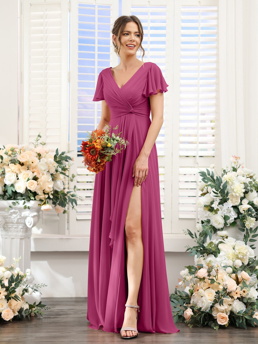 A-Line/Princess V-Neck Short Sleeves Floor-Length Bridesmaid Dresses with Split Side