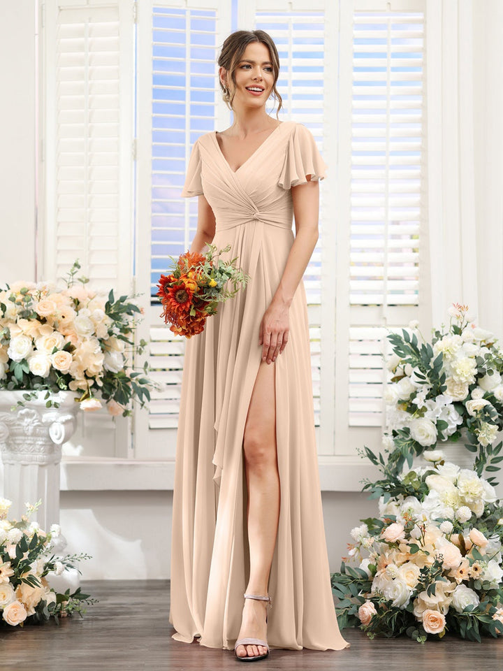 A-Line/Princess V-Neck Short Sleeves Floor-Length Bridesmaid Dresses with Split Side