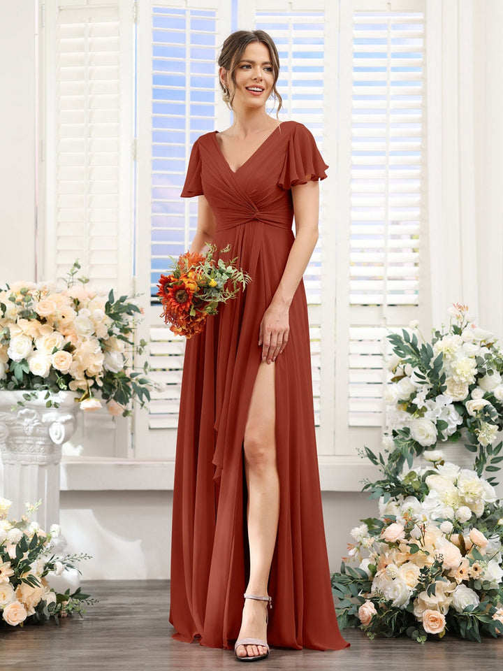 A-Line/Princess V-Neck Short Sleeves Floor-Length Bridesmaid Dresses with Split Side