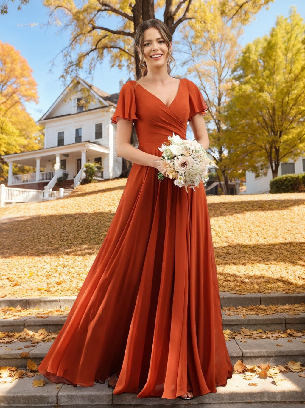 Bridesmaid Dresses 2026 Chic A-Line V-Neck Short Sleeves Floor-Length Formal Wedding Party Evening Gowns with Split Side & Ruched, As Picture Bridesmaid Dresses 2026 Chic A-Line V-Neck Short Sleeves Floor-Length Formal Wedding Party Evening Gowns with Split Side & Ruched, As Picture