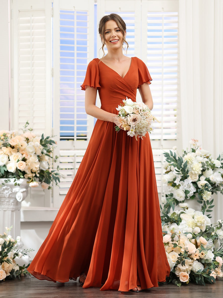 Bridesmaid Dresses 2026 Chic A-Line V-Neck Short Sleeves Floor-Length Formal Wedding Party Evening Gowns with Split Side & Ruched, As Picture Bridesmaid Dresses 2026 Chic A-Line V-Neck Short Sleeves Floor-Length Formal Wedding Party Evening Gowns with Split Side & Ruched, As Picture
