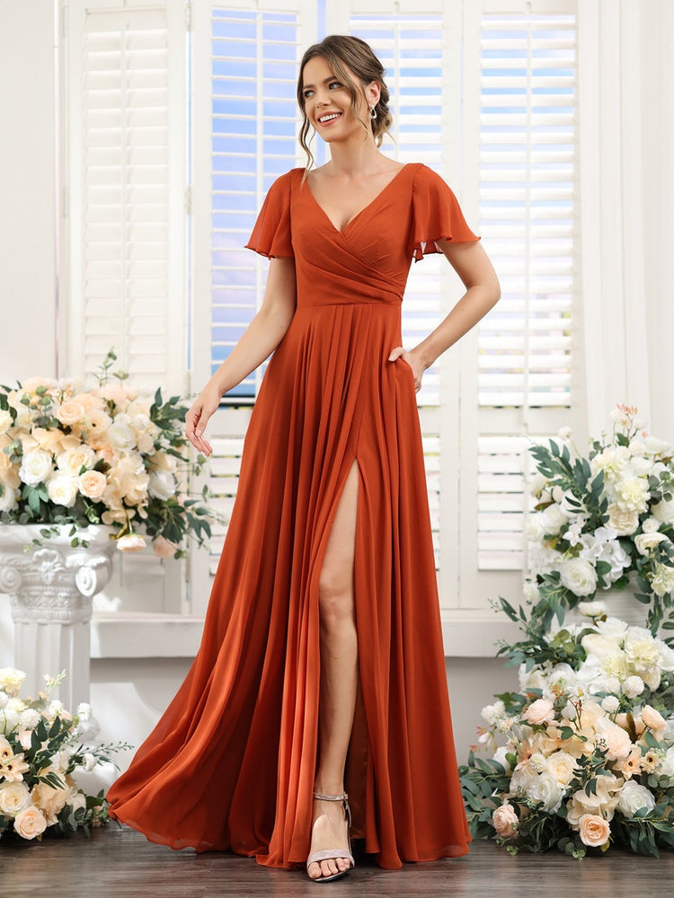 A-Line/Princess V-Neck Short Sleeves Bridesmaid Dresses with Split Side & Ruched