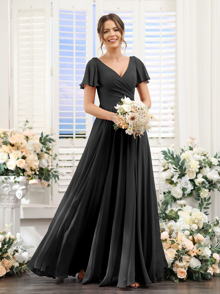 A-Line/Princess V-Neck Short Sleeves Bridesmaid Dresses with Split Side & Ruched