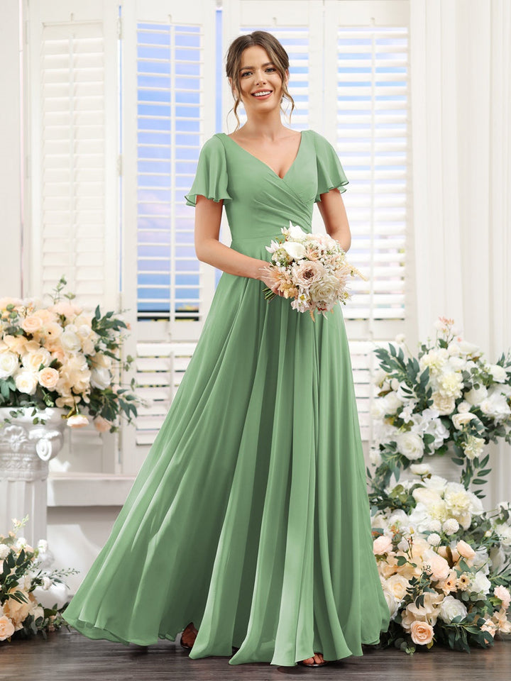 A-Line/Princess V-Neck Short Sleeves Bridesmaid Dresses with Split Side & Ruched