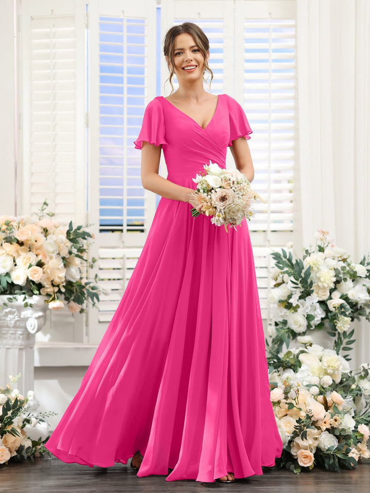 A-Line/Princess V-Neck Short Sleeves Bridesmaid Dresses with Split Side & Ruched