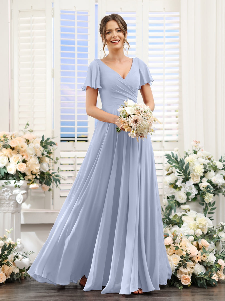 A-Line/Princess V-Neck Short Sleeves Bridesmaid Dresses with Split Side & Ruched