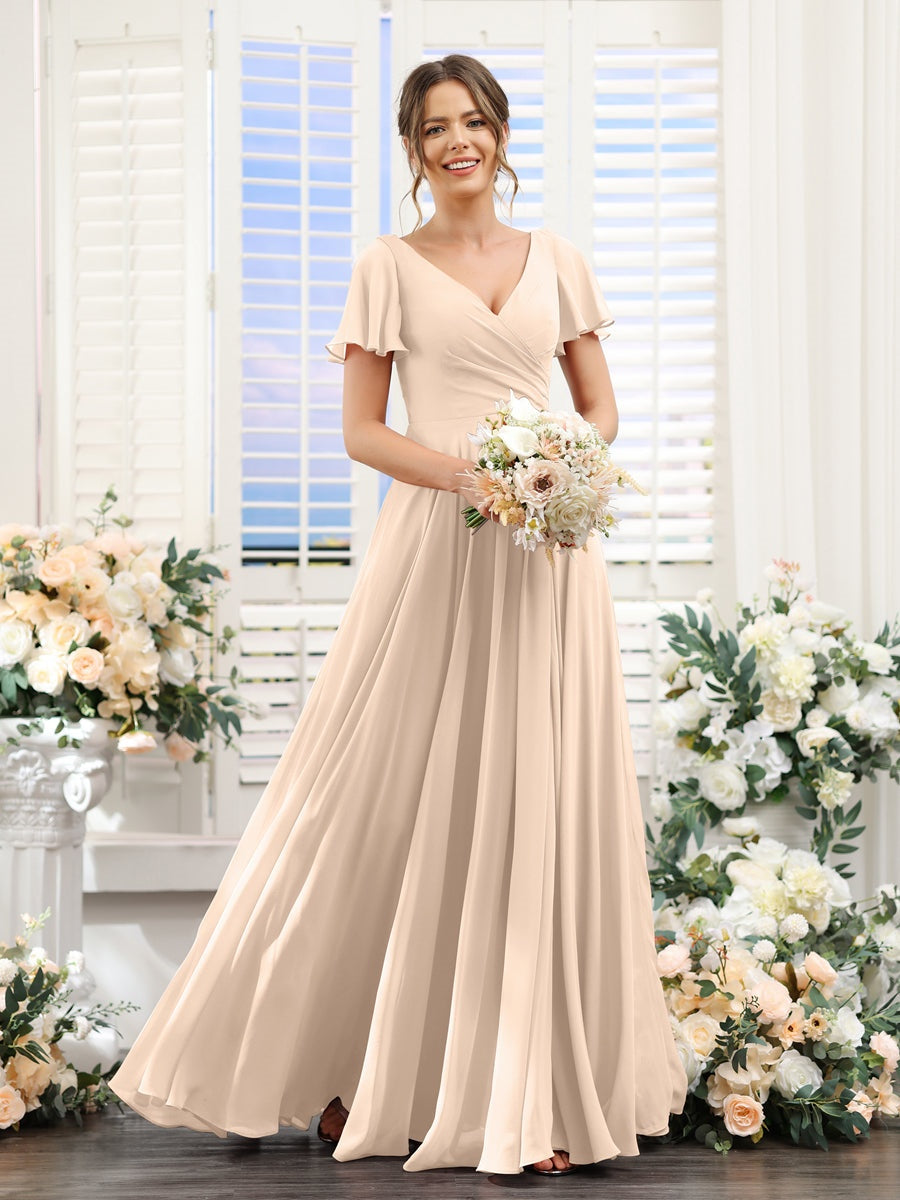 A-Line/Princess V-Neck Short Sleeves Bridesmaid Dresses with Split Side & Ruched