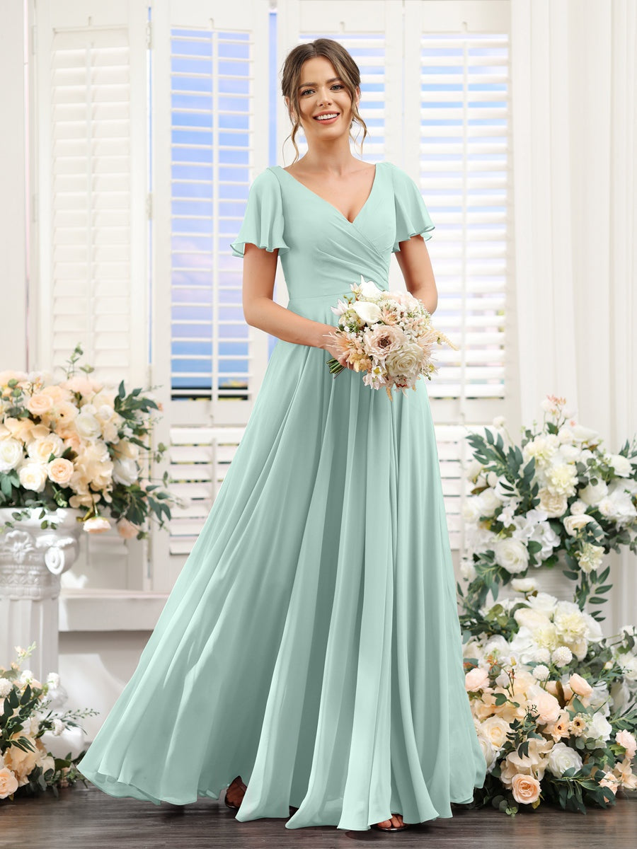 A-Line/Princess V-Neck Short Sleeves Bridesmaid Dresses with Split Side & Ruched