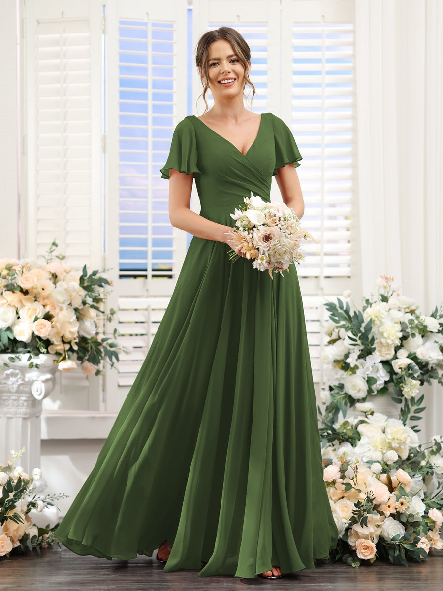 A-Line/Princess V-Neck Short Sleeves Bridesmaid Dresses with