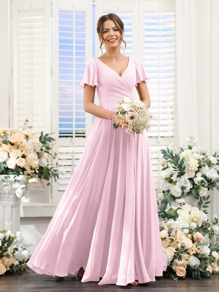 A-Line/Princess V-Neck Short Sleeves Bridesmaid Dresses with Split Side & Ruched