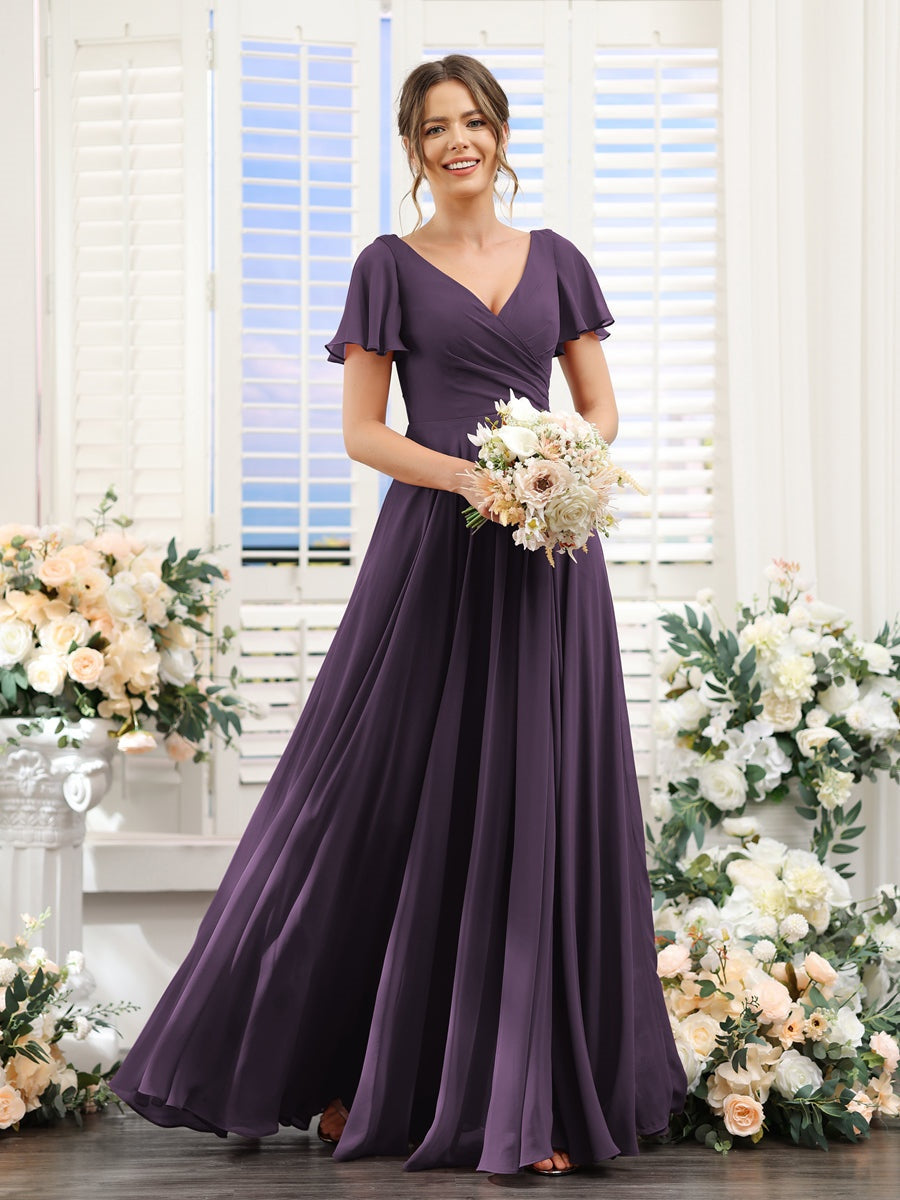 A-Line/Princess V-Neck Short Sleeves Bridesmaid Dresses with Split Side & Ruched